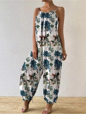 Boho Floral Wrap Cami Jumpsuit Spaghetti Strap Wide Leg Long Summer Outfit